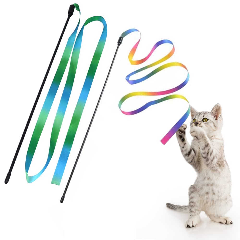 Lasocuhoo Interactive Cat Rainbow Wand Toys, Interactive Cat Teaser Wand String, Colorful Ribbon Charmer For Most Cats And Kitte