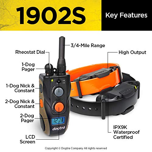 Dogtra 1902S 2-Dogs Remote Training Collar - 3/4 Mile Range, Ipx9K Waterproof, Rechargeable, 127 Training Levels, Vibration - In