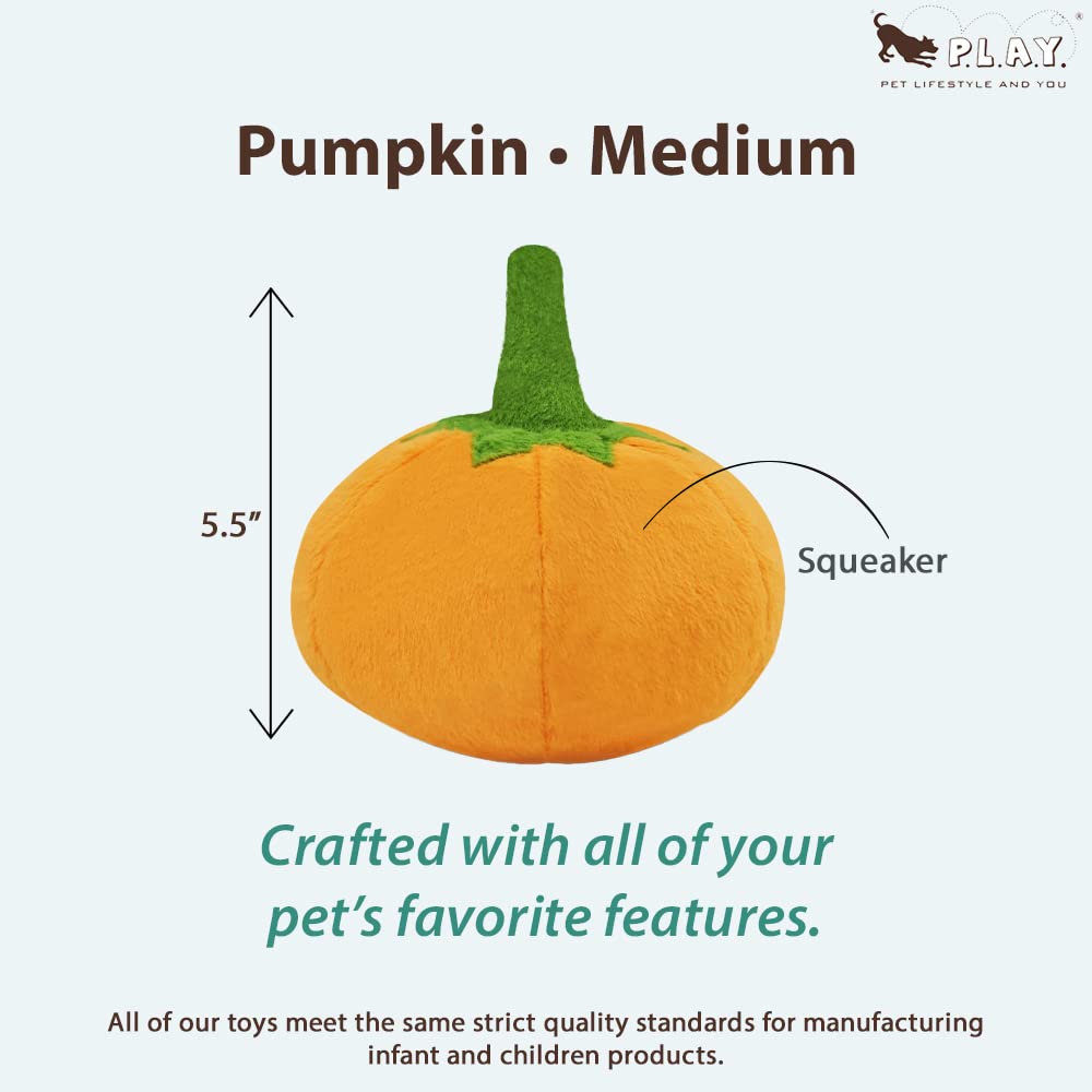 P.L.A.Y. Cute Plush Dog Toys - Fruit & Vegetable Themed Durable Squeaker Chew Toy, Great For Puppies & Small, Medium, Large Dogs - Machine Washable, Recycled Materials (Garden Fresh Pumpkin, Medium)