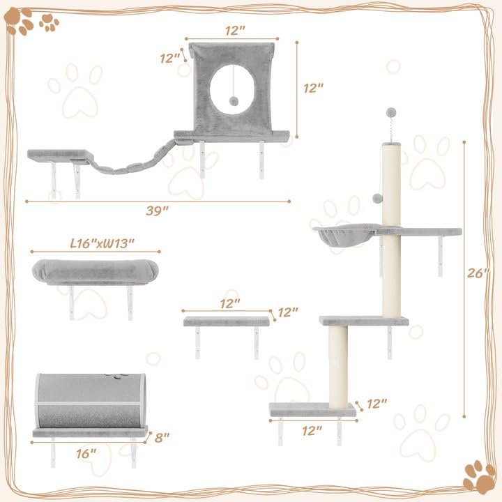 NUNU LAB 7-in-1 Wall Mounted Cat Climber Set, Cat Furniture Set with House, Tunnel, Bridge, Tree, Steps, Scratcher Board, Hammoc