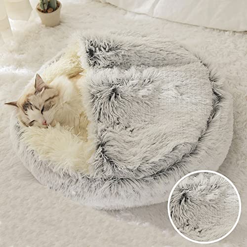 Cat Bed Round Fluffy Hooded Cat Bed Cave, Anti-Anxiety Cave Bed With Hooded Blanket, Cozy Cuddler Luxury Puppy Pet Bed, Anti-Sli
