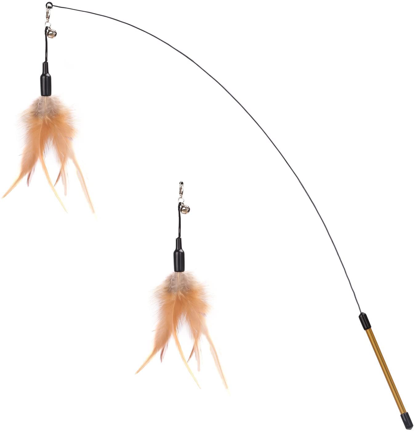 Pawaboo Feather Teaser Cat Toy, Interactive Feather Wand Cat Toy Flying Feather Cat Catcher With Extra Long 34.5' Wand And Small Bell, Fun Exerciser Playing Toy For Kitten Or Cat, Brown Feather