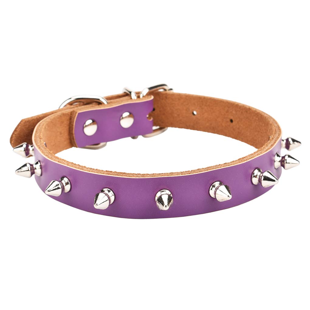 Aolove Basic Classic Adjustable Genuine Cow Leather Pet Collars For Cats Puppy Dogs (Large/Neck 11.8'-15.3', Purple-Spiked Rivet)