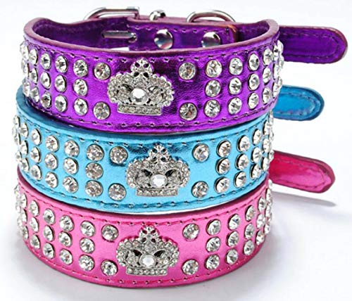 Rhinestone Dog Collar, Crown Rhinestone Diamante Jewelry Crystal Adjustable Pu Leather Pet Dog Cat Puppy Collar (M:10-12.5', Re