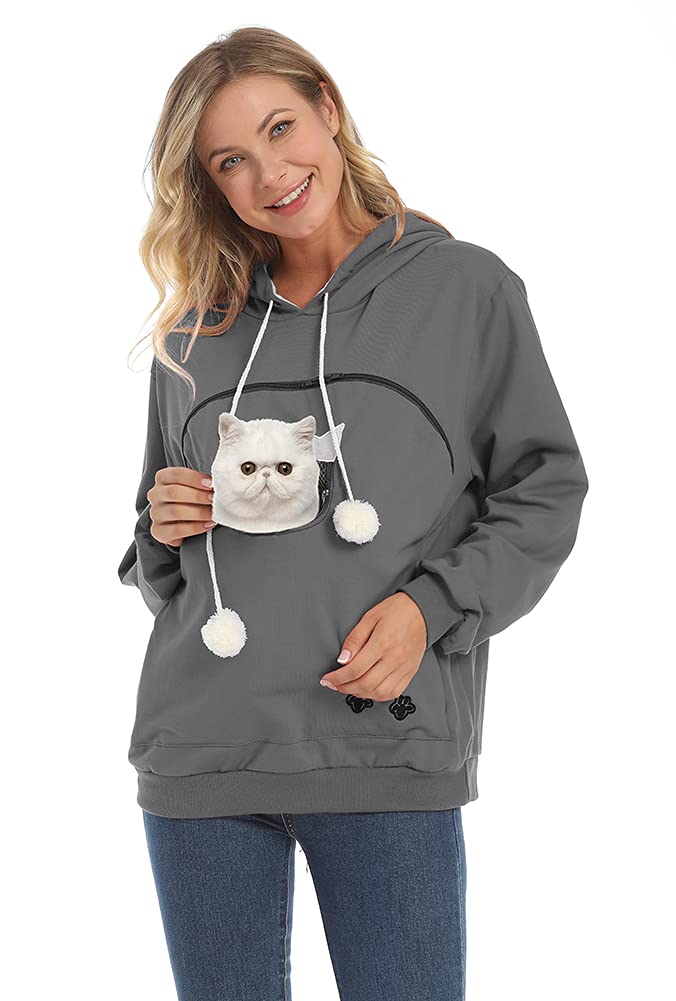 Ziifullhou Women Pet Carrier Sweatshirt Puppy Kitten Holding Hoodies Long Sleeve Pouch Tops (Xxxx-Large, Dark Grey)