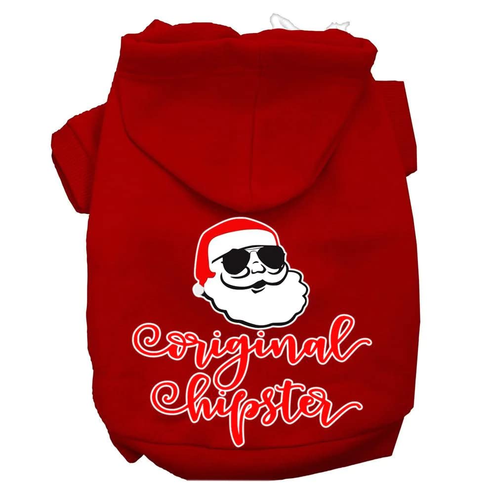 Christmas Pet Dog & Cat Hoodie Screen Printed, 'Original Hipster' Red Md (6-10 Lbs.)