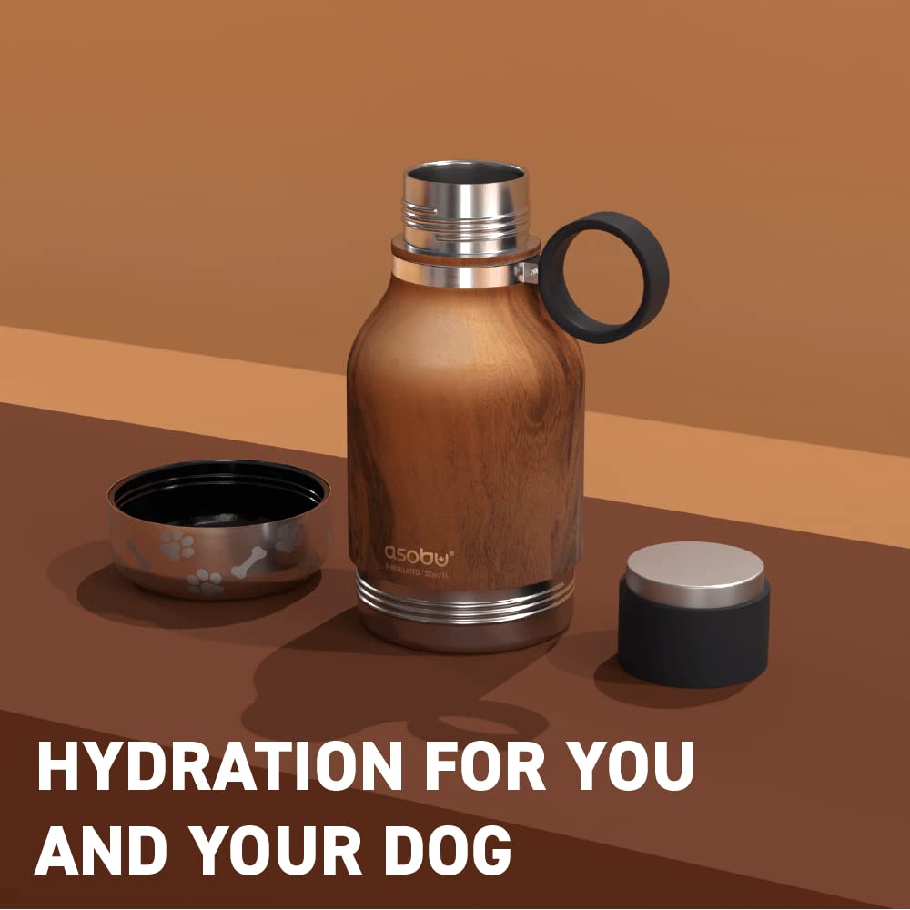 Asobu Dog Bowl Attached To Stainless Steel Insulated Travel Bottle For Human 33 Ounce (Hard Wood)