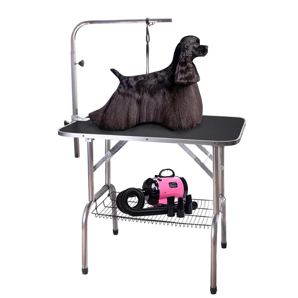 Polar Aurora Pingkay 36'' Black Heavy Duty Pet Professional Dog Show Stainless Steel Foldable Grooming Table W/Adjustable Arm & Noose & Mesh Tray