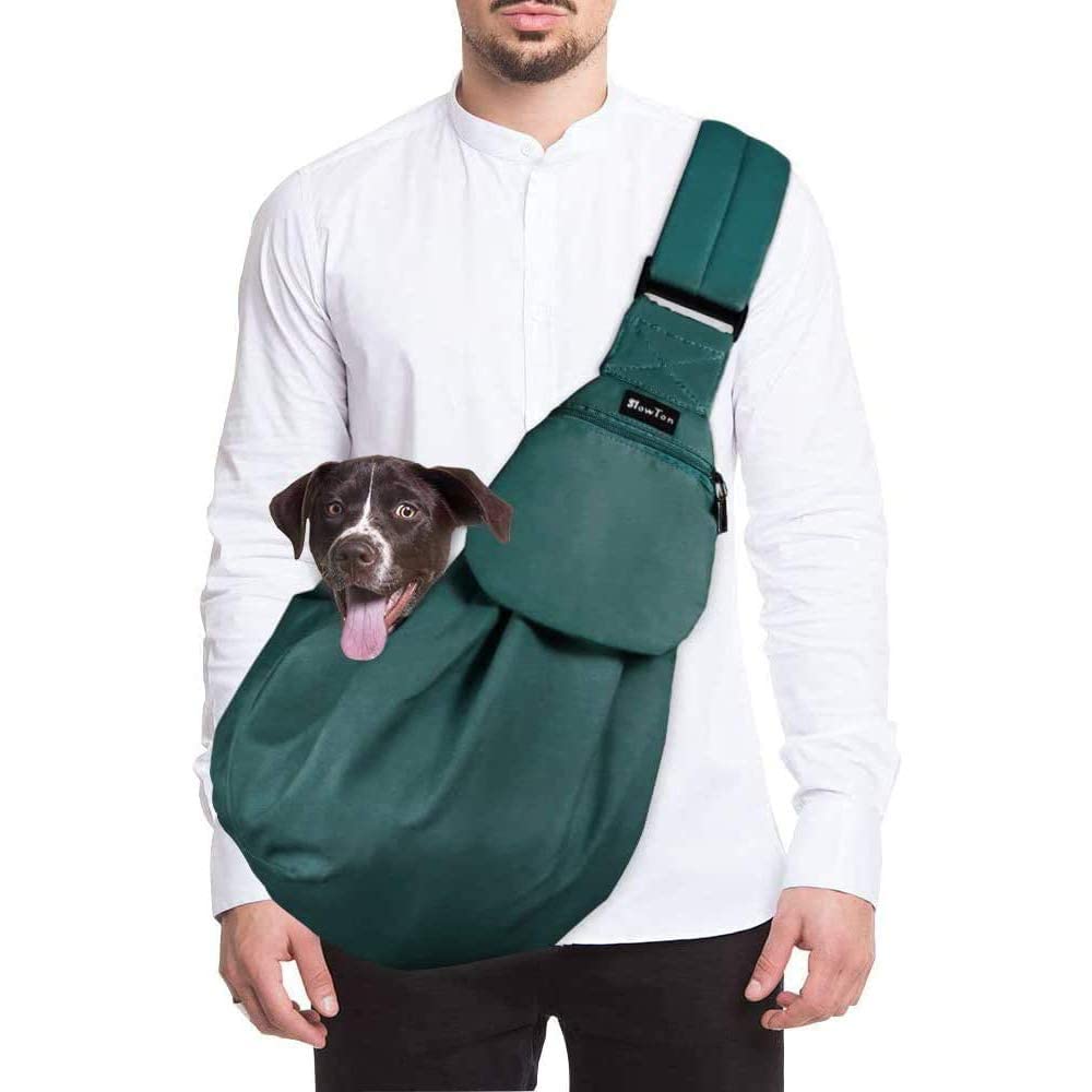 Lukovee Pet Sling, Hand Free Dog Sling Carrier Adjustable Padded Strap Tote Bag Breathable Cotton Shoulder Bag Front Pocket Safety Belt Carrying Small Dog Cat Puppy Machine Washable (Green, M)