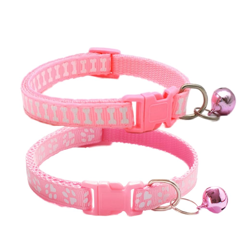 Pink Dog Collar With Bell, 2-Pack Basic & Bone Cat Collars With Bells Small Puppy Collar Girl For Xxs Xs Small Tiny Pet Dogs Fem