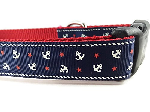 Blue Anchor Dog Collar, Caninedesign, Navy, Sailing, 1 Inch Wide, Adjustable, Nylon, Medium And Large (Medium 13-19')