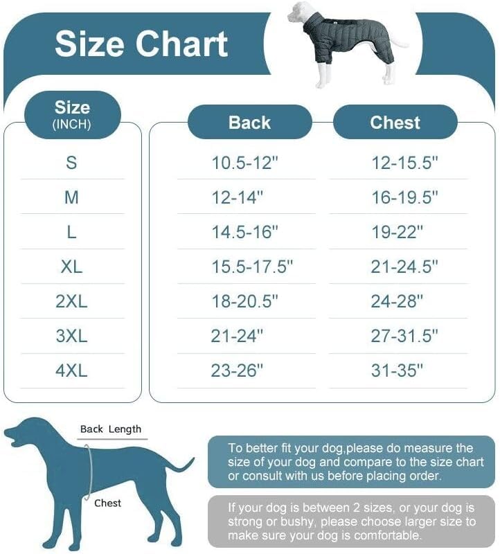 Dog Jacket 4-Leg Cover, Waterproof Windproof Reflective Warm Vest for Indoor/Outdoor, Adjustable Zippered, Medium Large Dogs, Pu