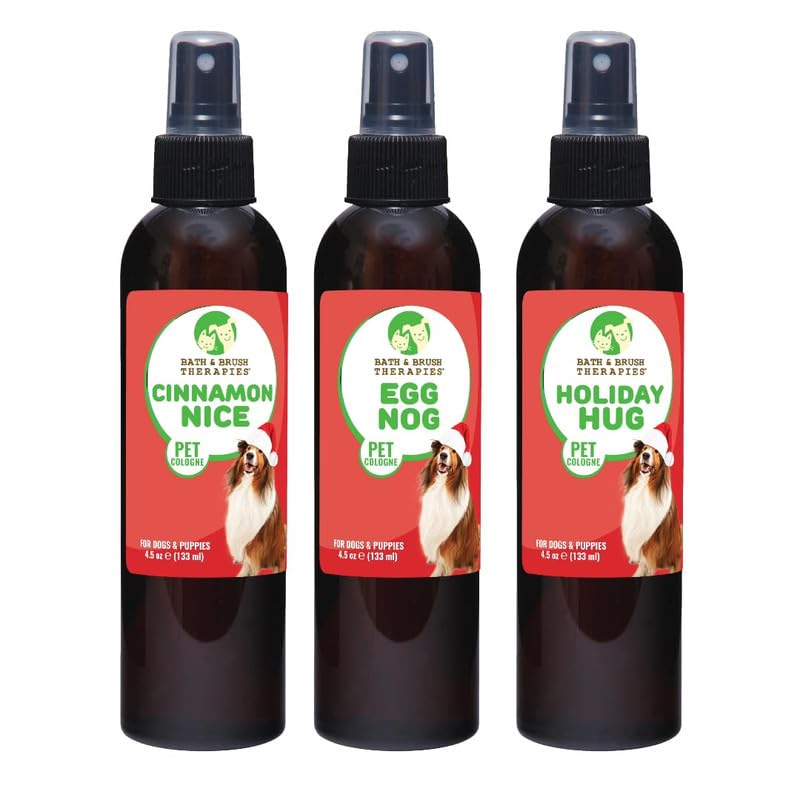 Bath & Brush Therapies 3-Pack: 4.5 oz. Cinnamon Nice, Eggnog, Holiday Hug Pet Cologne For Dogs | Long-Lasting Odor Eliminator | 