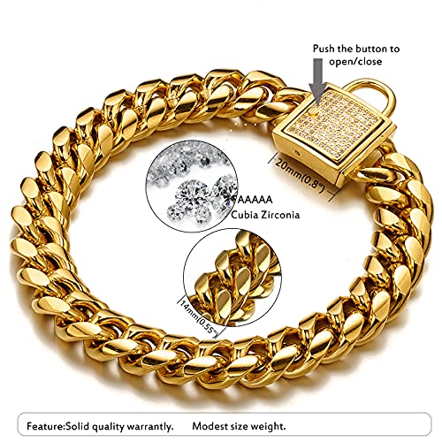 Designer Dog Collar Gold Metal Stainless Steel With Zirconia Lock 14Mm 18K Gold Big Dog Luxury Training Collar Cuban Lock Link N
