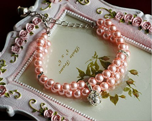 Petfavorites Luxury 2 Row Pearls Rhinestones Pet Cat Dog Necklace Collar Jewelry With Bling Crystal Ball Charm For Pets Cats Small Dogs Female Puppy Chihuahua Yorkie Girls (Pink, 8 To 10-Inch)