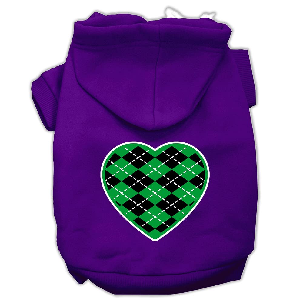 Pet Dog & Cat Hoodie Screen Printed, 'Green Argyle Heart' Purple Lg (10-14 Lbs.)