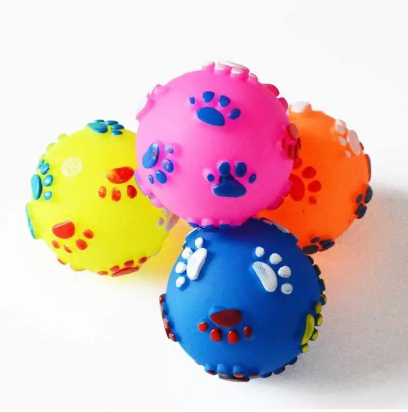 Woofy Plastic Squeaky Vinyl Dog Toy Ball with Colorful Paw Pattern Small (Multicolor) Pack of  2