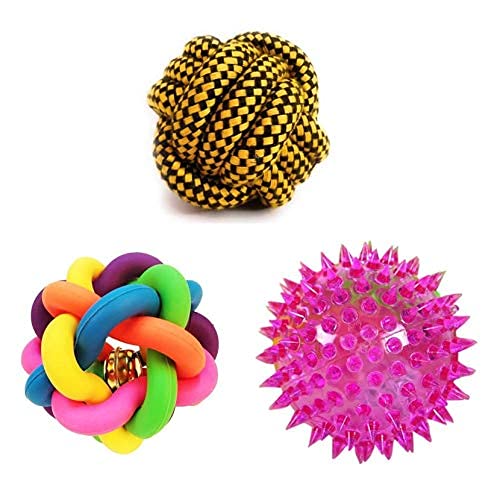 Rvpaws Combo Of 3 Durable Puppy & Small Dogs Ball Toy Combo | Rope Ball Toy | Rainbow Ball | Led Teething Ball Toy (Combo Of 3)