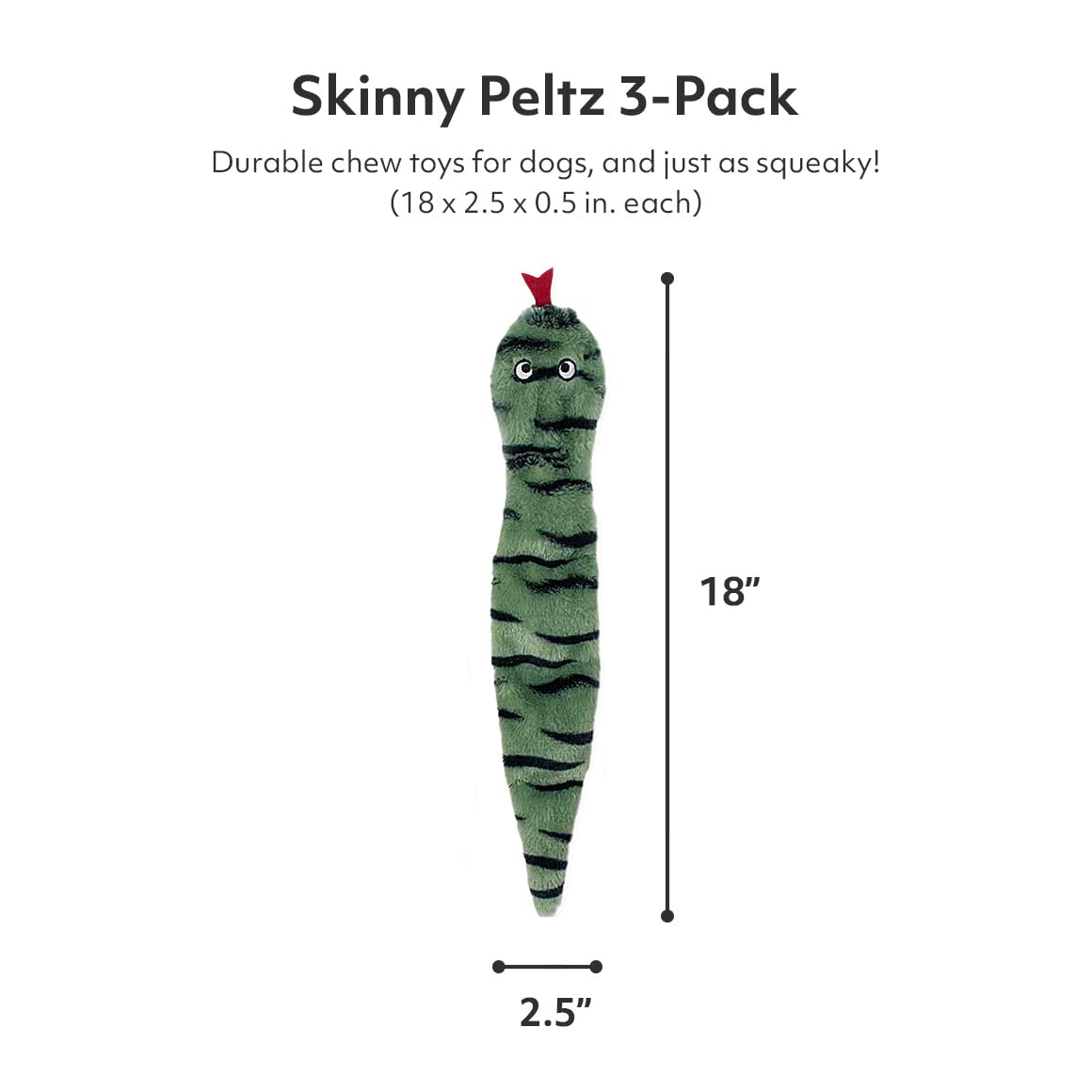 Zippypaws Skinny Peltz - 3 Multicolored Snakes - No Stuffing Squeaky Dog Toys, Unstuffed Chew Toy For Small & Medium Breeds, Bulk Multi-Pack Of 3 Soft Plush Dog Toys, Flat No Stuffing Puppy Toys - 18'