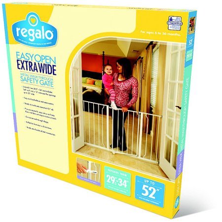 Regalo Easy Open 47-Inch Super Wide Walk Thru Baby Gate, Bonus Kit, Includes 4-Inch And 12-Inch Extension Kit, 4 Pack Pressure Mount Kit And 4 Wall Cups And Mounting Kit , 11 Count (Pack Of 1),White