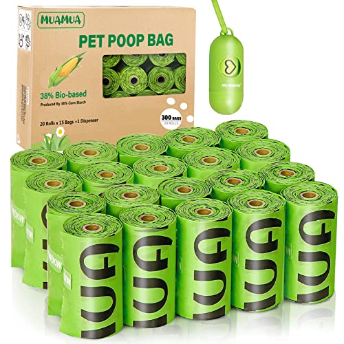 MUAMUA Biodegradable Dog Poop Bag 300 Count, 20 Rolls, Recyclable Dog Waste Bags with Dispenser, Large 9 x 13 Inches, Extra Thic