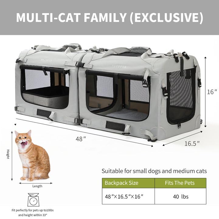 Petseek Extra Large Cat Carrier Soft Sided, Portable Small Dog Carrier for 2 Cats, 24 x16.5 x16  Car Travel Folding Comfortable