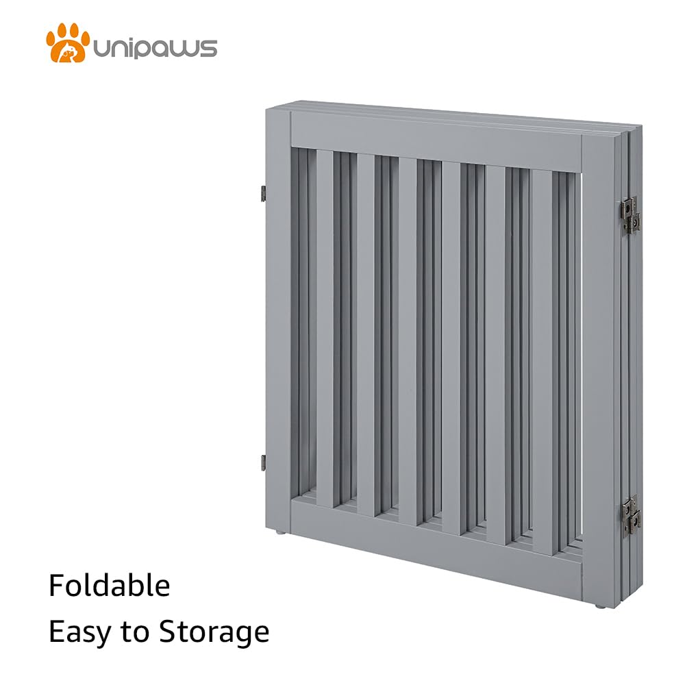 Unipaws 24' H Free Standing Pet Gate For Dog Cat, Wooden Dog Gates For Doorway, Stairs, Step Over Foldable Pet Fence For The House, Expandable Dog Barrier, Indoor Use, Grey