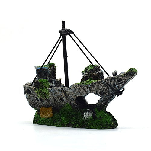 RunXF 5.7 inches Old Pirate Ship Sunken Treasure Boat Aquarium Landscaping Fish Shrimp Hideouts Cave Ornaments for Small Fish Ta