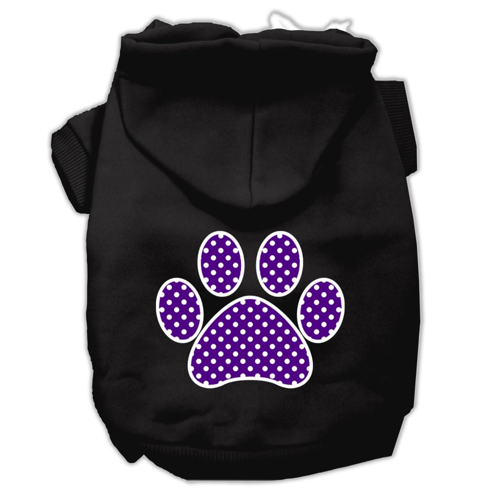 Pet, Dog & Cat Hoodie Screen Printed, 'Purple Swiss Dots Paw' Black Xs (0-3 Lbs.)