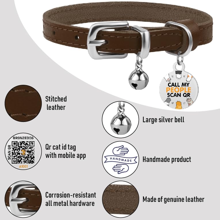 Bronzedog Leather Cat Collar With Removable Bells Non Breakaway Kitten Qr Tag For Girl Boy (9' - 12' Cats/Mini Dogs, Brown & Silver)