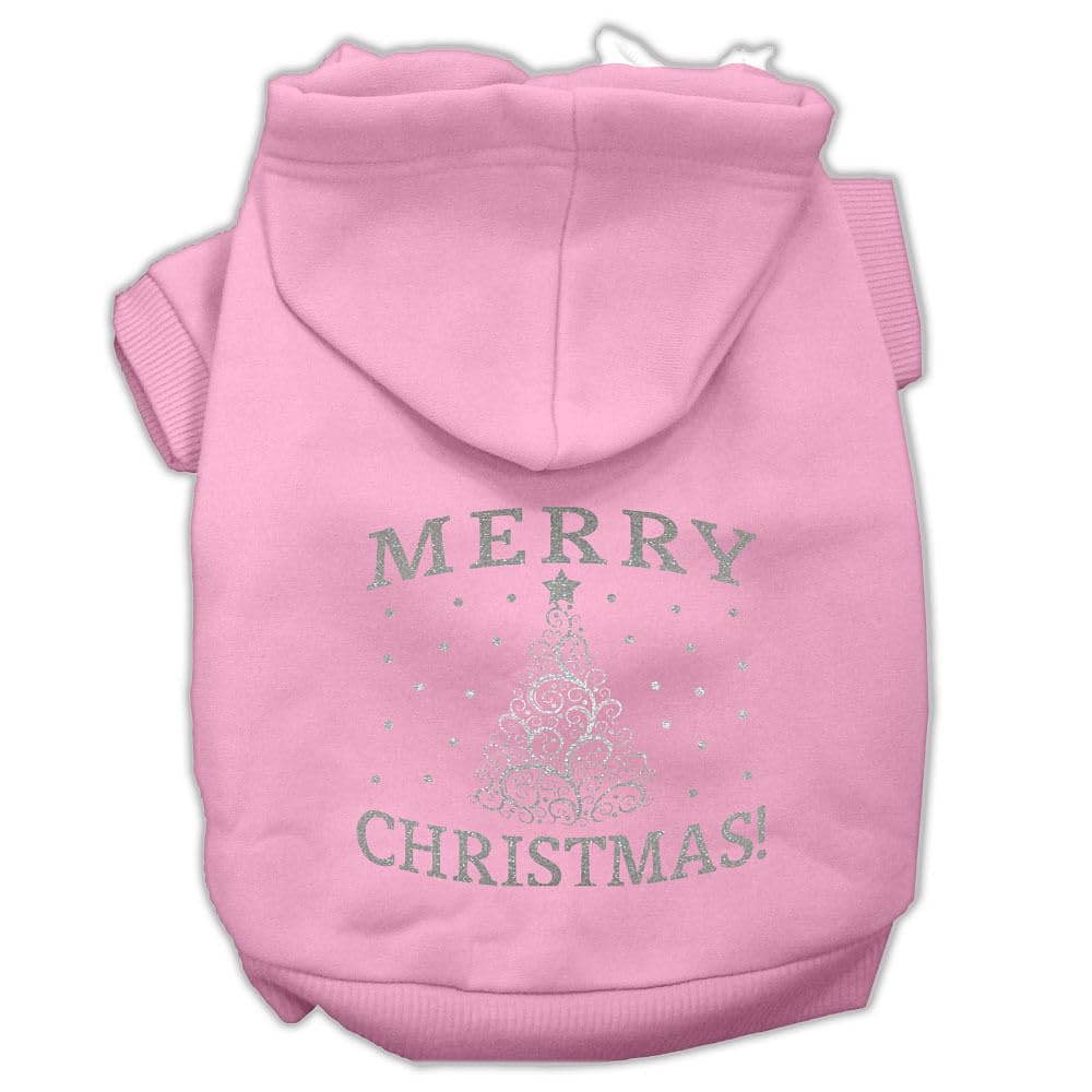 Christmas Pet Dog & Cat Hoodie Screen Printed, 'Shimmer Christmas Tree' Light Pink Xl (14-20 Lbs.)