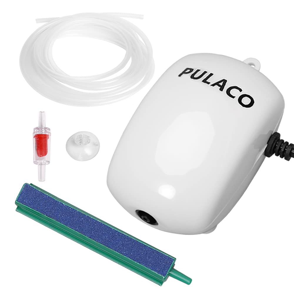 Pulaco Ultra Quiet Mini Aquarium Fish Tank Air Pump For 1-20 Gallon Fish Bowl With Air Tube Air Bubbler Stone Check Valve