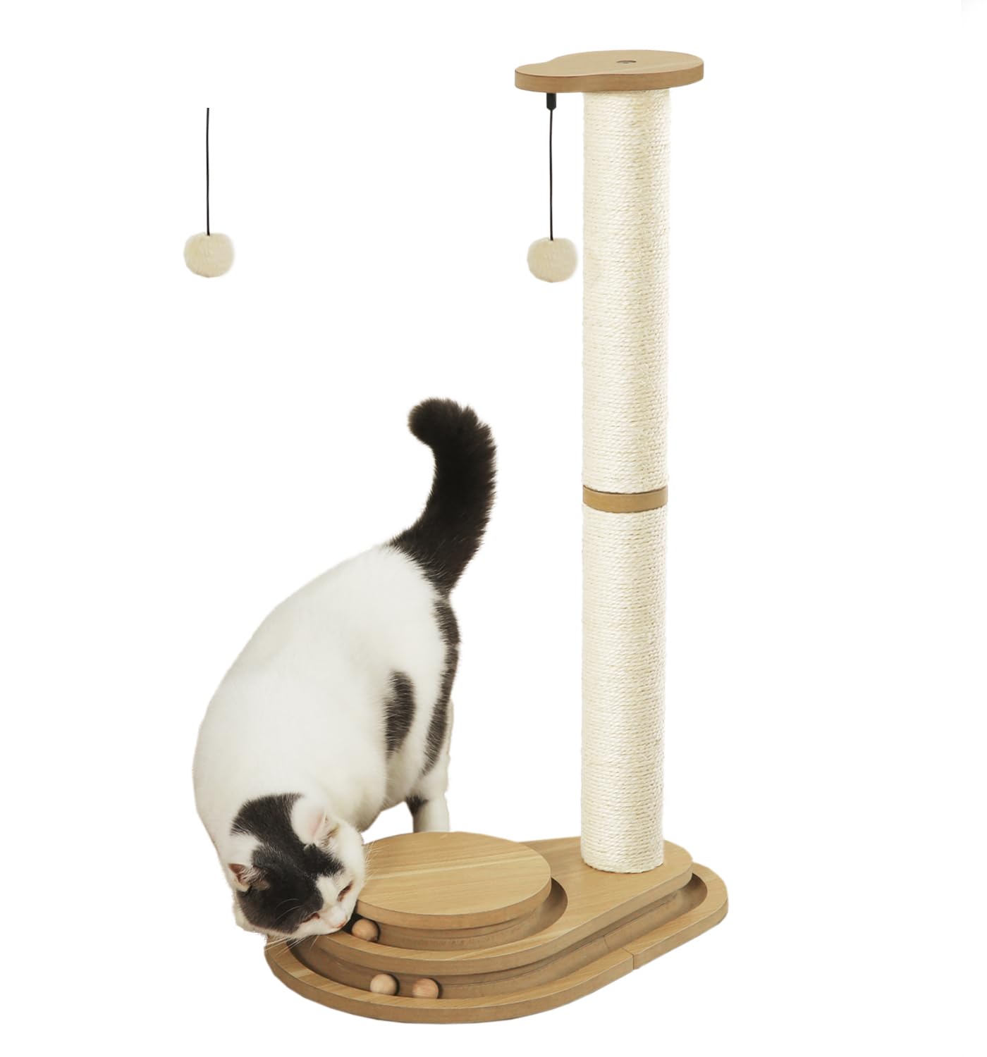 Made4Pets Cat Scratching Post Cat Scratcher Kitten Toys for Indoor Cats Wooden Ball Track Two-Layer Modern Sisal 32  Tall Scratc