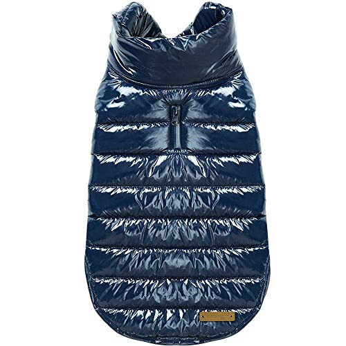 Blueberry Pet Cozy & Comfy Windproof Lightweight Quilted Fall Winter Glossy Dog Puffer Jacket In Navy Blue, Back Length 17', Size 16, Warm Coat For Large Dogs