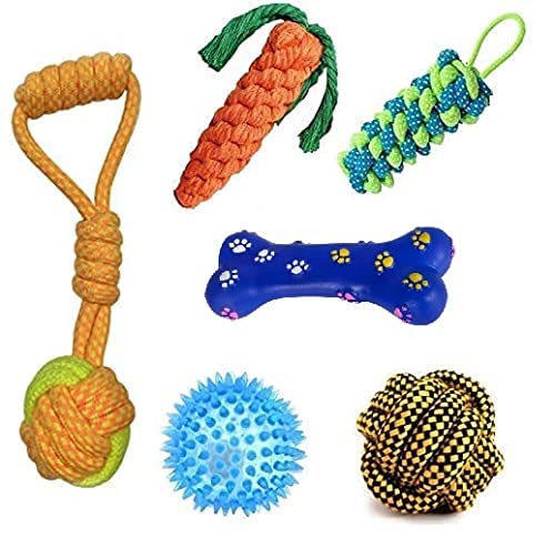 Dog Trust Pack of 6 Pack Puppy Chew Toys Gift Sets,Interactive Toys/Tug of War/Red Squeak Bone/Led Ball/Dummy/Carrot/Rope Bone