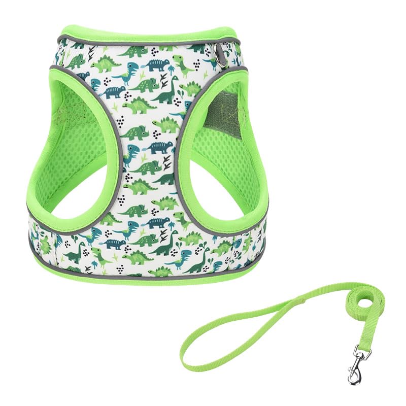 JUFOO M Green Dinosaur Pattern Dog Harness and Leash Set,No Escape Easy Walk Puppy Harnesses for Training Walking,Breathable Adj