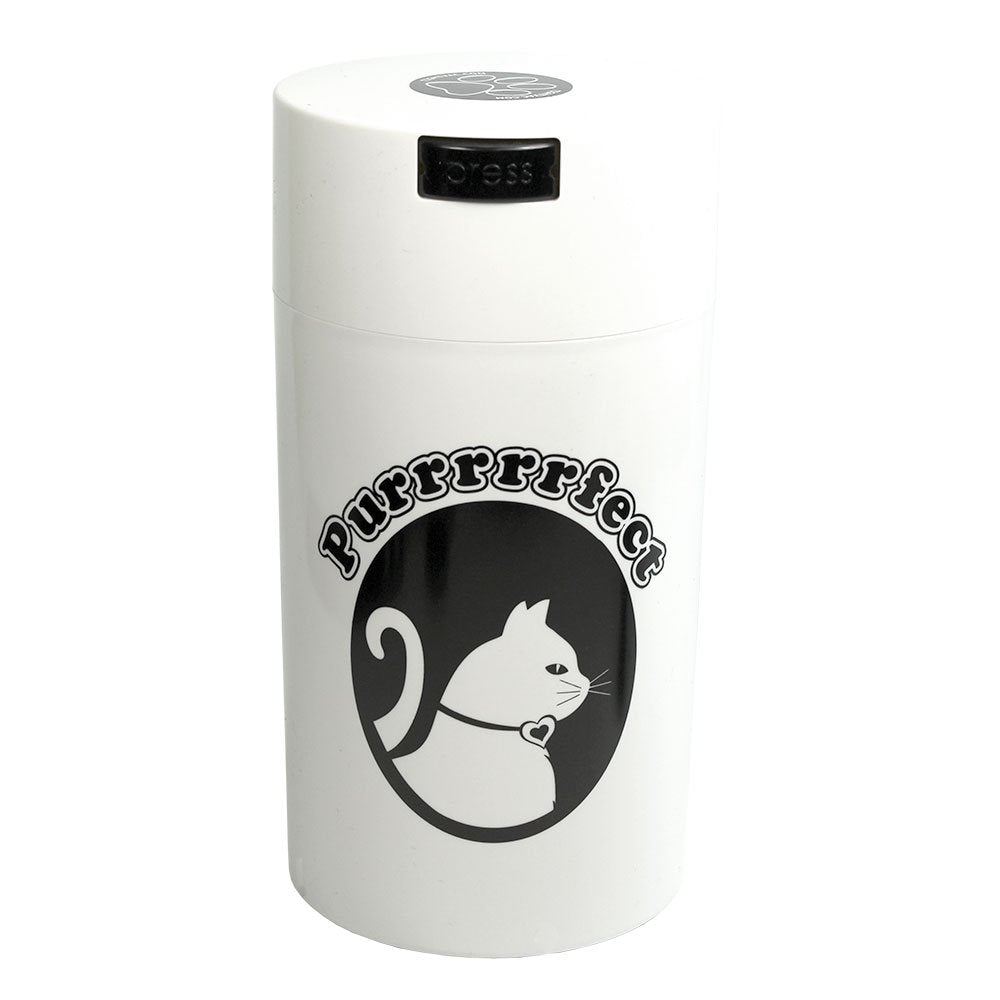 Pawvac 12 Ounce Vacuum Sealed Pet Food Storage Container; White Cap & Body/Black Cat