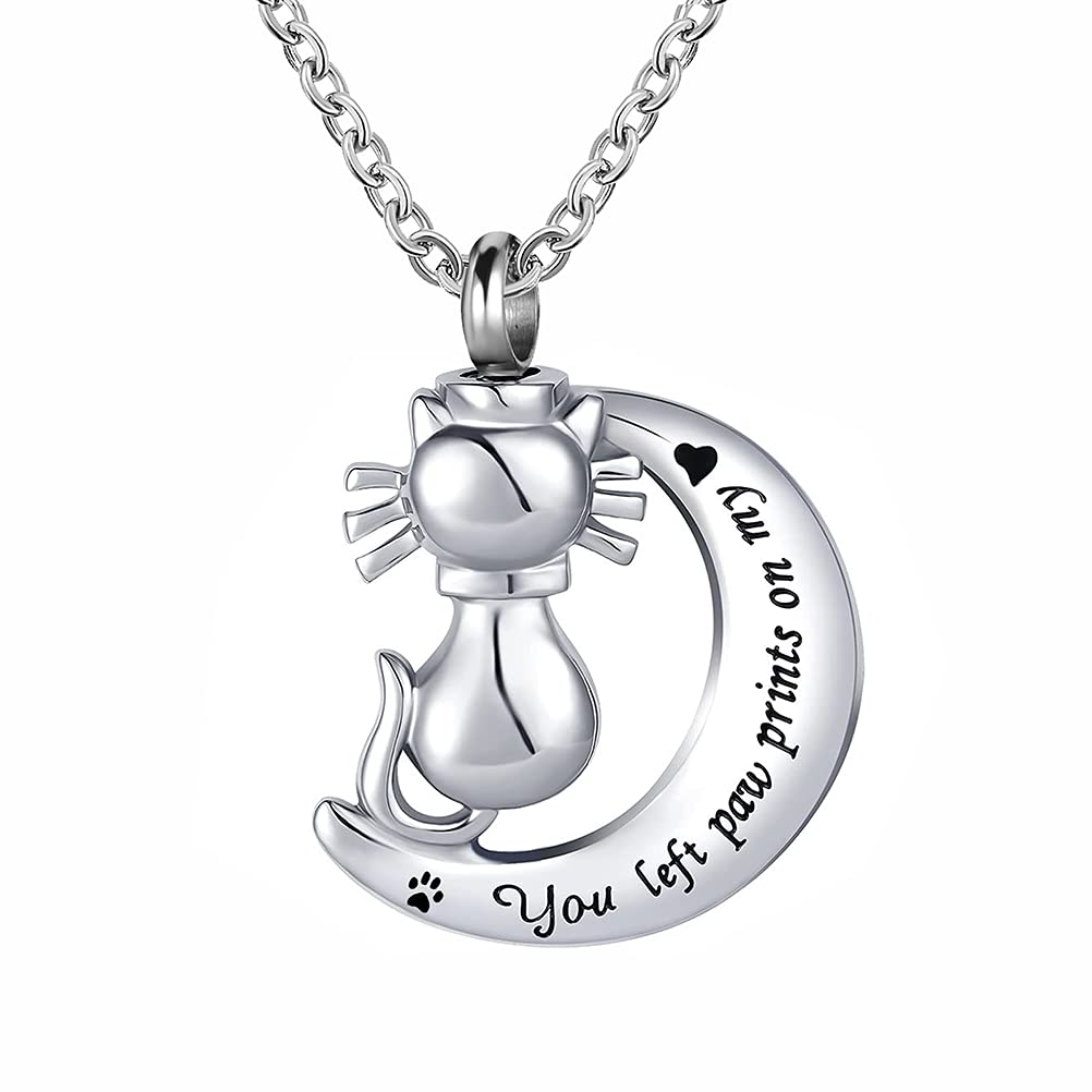 Mzc Jewelry Pet Cat Cremation Urn Necklace For Ashes You Left Paw Prints On My Heart Keepsake Pendant Ashes Holder For Women Men