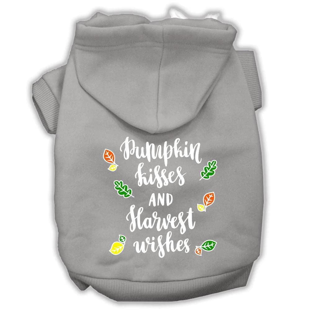 Pet, Dog And Cat Hoodie Screen Printed, 'Pumpkin Kisses & Harvest Wishes' Grey Sm (3-6 Lbs.)