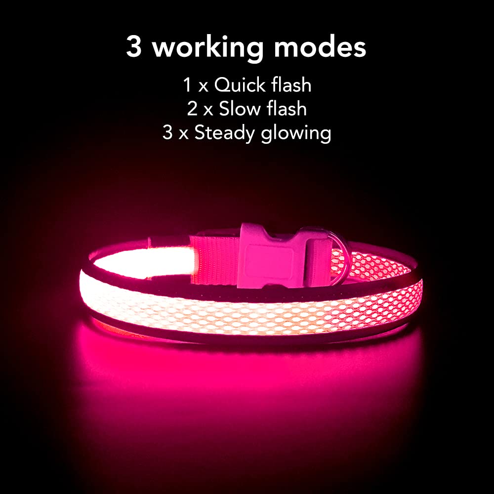Yfbrite Light Up Dog Collar, Rechargeable Led Dog Collar, Flashing Dog Collar, Adjustable Reflective Dog Collar Safety Glowing At Night (Pink, Large)