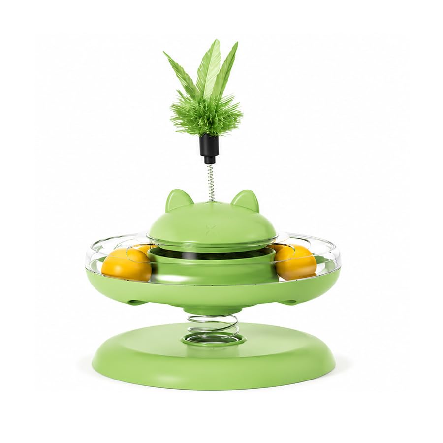 Petvogue Interactive Cat Tower Toy With Feather Teaser Ball Track | Plastic Cat Exercise Toy With Spring Feather | Indoor Kitten