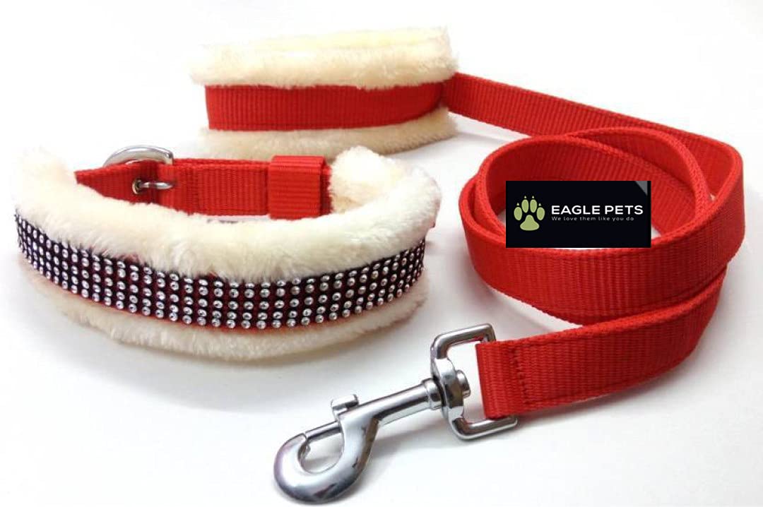 Eagle Pets Dogs Soft Fur Nylon Collar & Leash Set For Puppy Soft Padding Collar & Leash (Red & White, Small)
