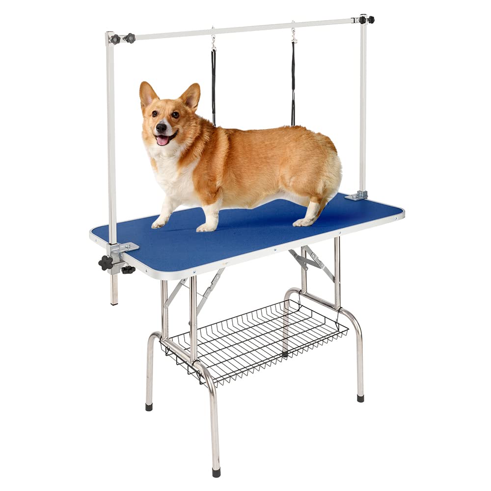 Bonnlo 32-Inches Pet Grooming Table, Portable Dog Grooming Table With Arm Noose & Mesh Tray, Adjustable Foldable Pet Groom Table Stand For Dog Cat, Maximum Capacity Up To 330 Lbs (32In)