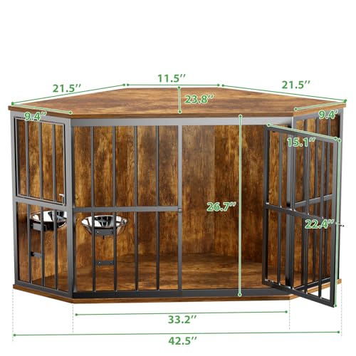 MODCART Medium Dog Crate - 42” Heavy Duty Wooden Furniture, Brown, Chew-Resistant, Includes 2 Stainless Steel Bowls, Model S-4BC200519B
