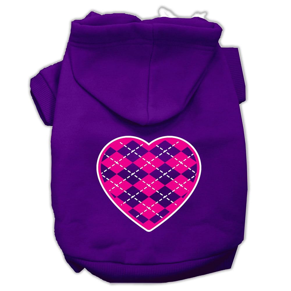 Pet Dog & Cat Hoodie Screen Printed, 'Pink Argyle Heart' Purple Md (6-10 Lbs.)