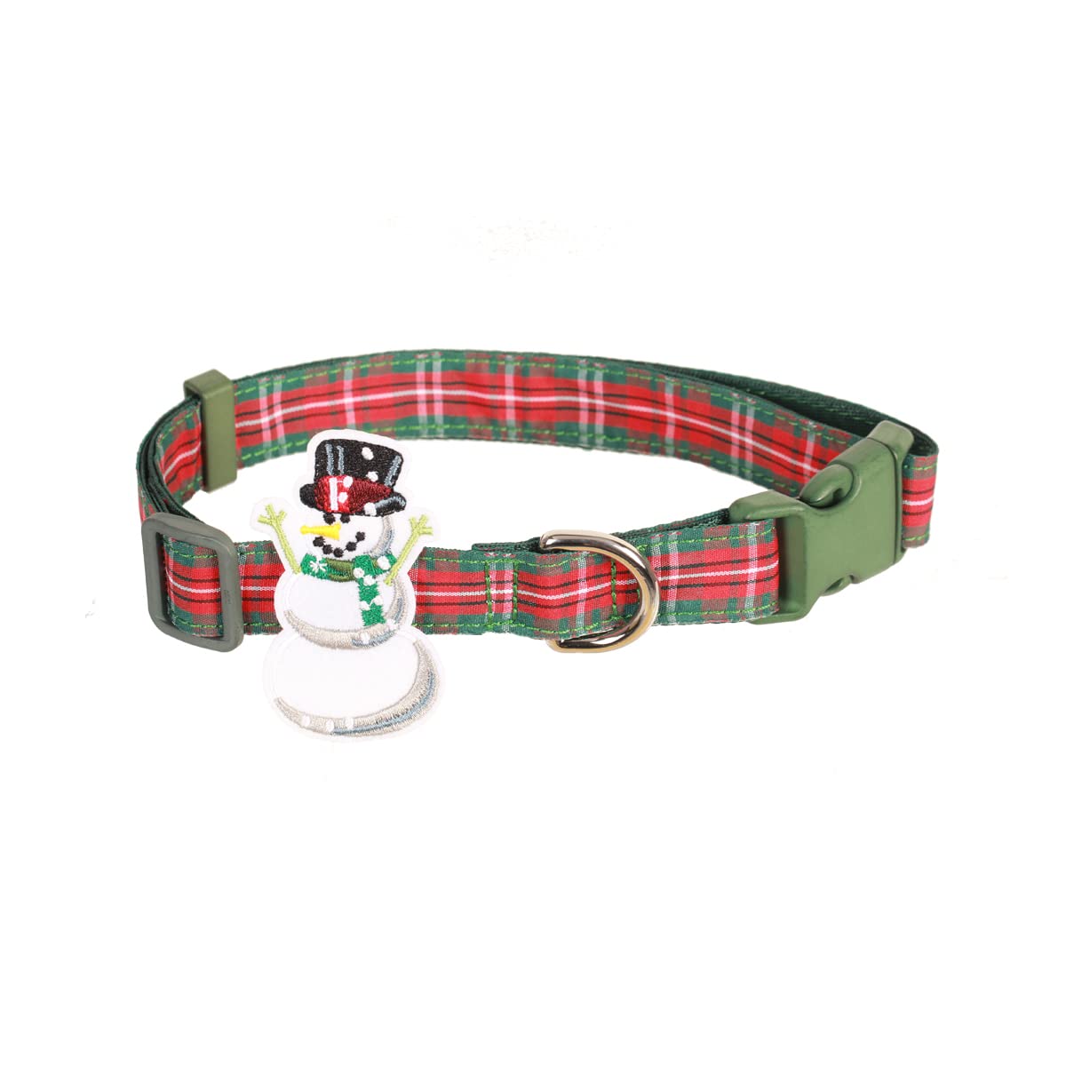 Christmas Winter Holiday Dog Collars With Cute Snowman Decor,Red And Green Plaid Buffalo Pattern,Adjustable For Medium Large Dog