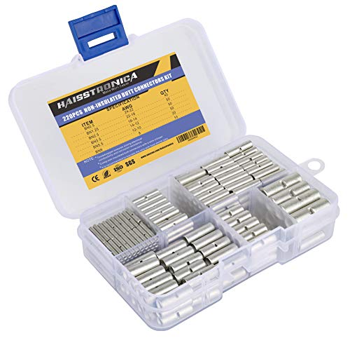 Haisstronica 220Pcs Non-Insulated Butt Connectors Kit,Non-Insulated Wire Connectors Of Tinned Red Copper,24-22 22-18 18-14 14-12