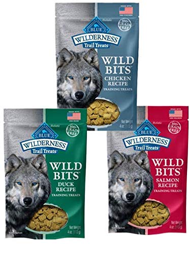 Blue Buffalo Wilderness Trail Treats Grain-Free Wild Bits Dog Treats - 3 Flavors (Salmon, Chicken, & Duck) - 4 Ounces Each (3 Total Pouches)