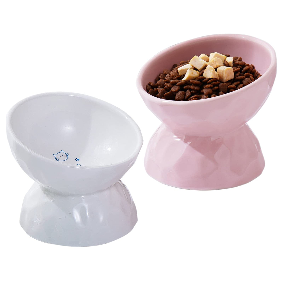 Omaykey Ceramic Raised Cat Bowls, Tilted Elevated Cat Food And Water Bowls, Porcelain Stress Free Cat Food Feeder Bowl Collection, Pet Bowl Dish For Cats And Small Dogs, White & Pink, Set Of 2