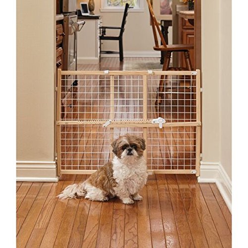 Midwest Homes For Pets Wire Mesh Pet Safety Gate, Pressure Mounted Dog Gate Measures 24 Inches Tall & Expands To 27-41.5 Inches Wide, Natural Wood & White Powder Coated Wire Mesh